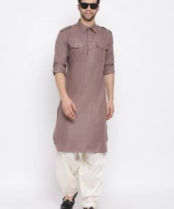 Vastramay Men's Grey Cotton Blend Pathani Style Kurta Buy 1 Get 1