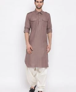 Vastramay Men's Grey Cotton Blend Pathani Suit Set