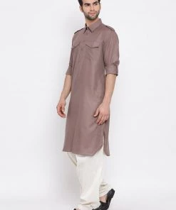 Vastramay Men's Grey Cotton Blend Pathani Suit Set
