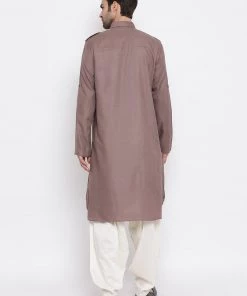 Vastramay Men's Grey Cotton Blend Pathani Suit Set