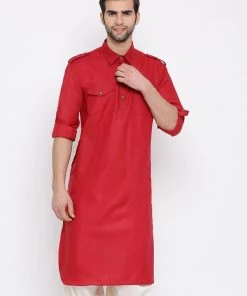VASTRAMAY Men's Maroon Cotton Blend Pathani Style Kurta
