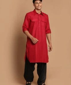 Vastramay Men's Maroon And Black Cotton Blend Pathani Suit Set