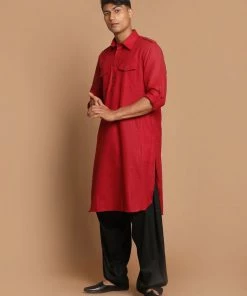 Vastramay Men's Maroon And Black Cotton Blend Pathani Suit Set