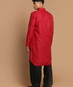 Vastramay Men's Maroon And Black Cotton Blend Pathani Suit Set