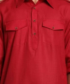 Vastramay Men's Maroon And Black Cotton Blend Pathani Suit Set