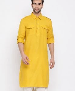 Vastramay Men's Mustard Cotton Blend Pathani Style Kurta