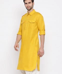 Vastramay Men's Mustard Cotton Blend Pathani Style Kurta