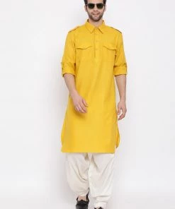 VASTRAMAY Men's Mustard Cotton Blend Pathani Suit Set 13 VASTRAMAY Men's Mustard Cotton Blend Pathani Suit Set