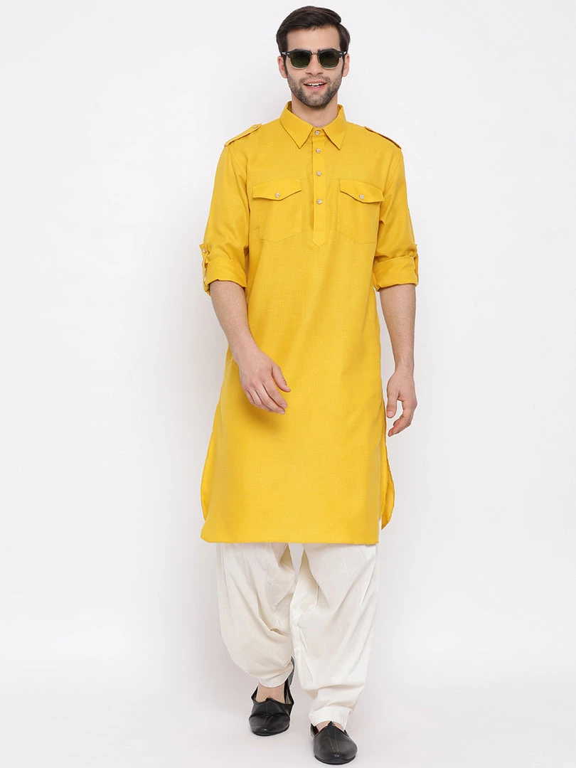 VASTRAMAY Men's Mustard Cotton Blend Pathani Suit Set 8 VASTRAMAY Men's Mustard Cotton Blend Pathani Suit Set