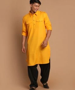 Vastramay Men's Mustard Cotton Blend Pathani Suit Set