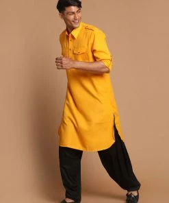 Vastramay Men's Mustard Cotton Blend Pathani Suit Set