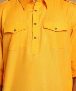 Vastramay Men's Mustard Cotton Blend Pathani Suit Set 10 Vastramay Men's Mustard Cotton Blend Pathani Suit Set