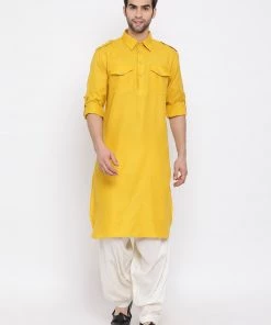 VASTRAMAY Men's Mustard Cotton Blend Pathani Suit Set