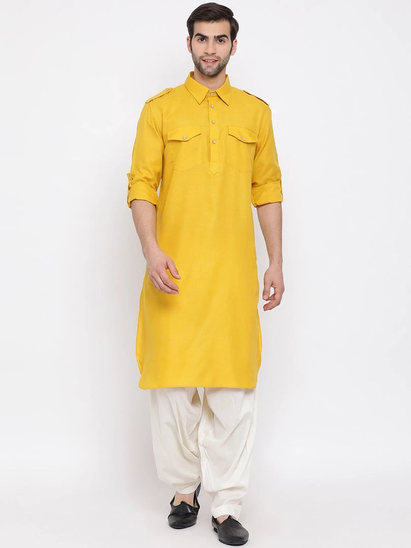 VASTRAMAY Men's Mustard Cotton Blend Pathani Suit Set 3 VASTRAMAY Men's Mustard Cotton Blend Pathani Suit Set