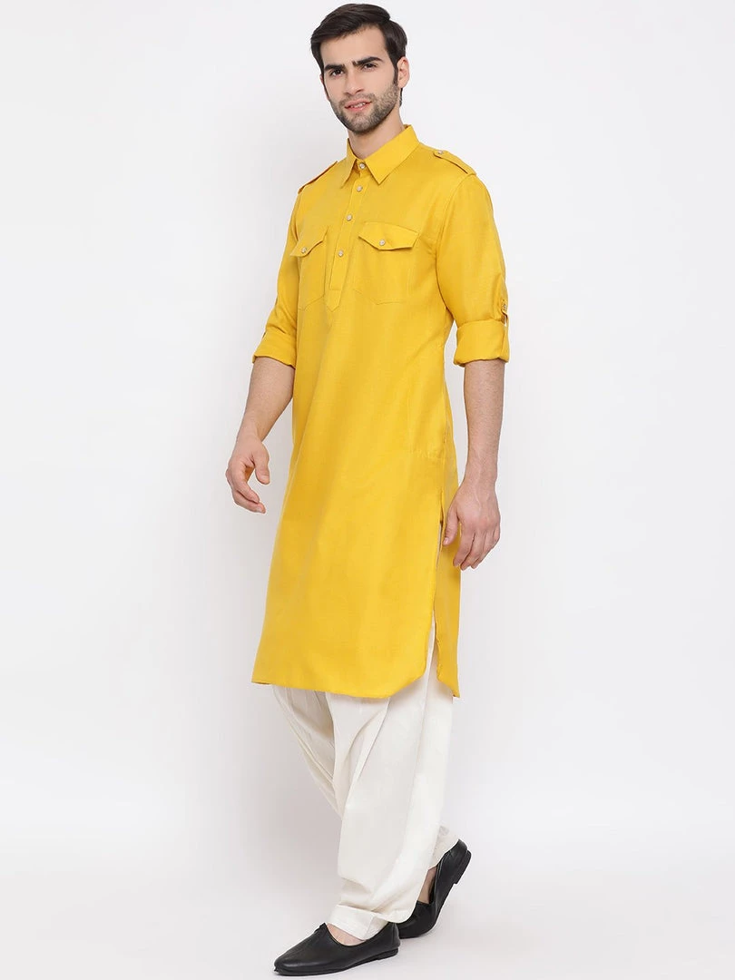 VASTRAMAY Men's Mustard Cotton Blend Pathani Suit Set 4 VASTRAMAY Men's Mustard Cotton Blend Pathani Suit Set