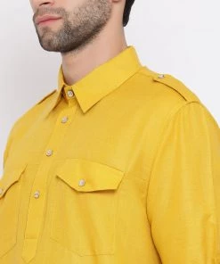 VASTRAMAY Men's Mustard Cotton Blend Pathani Suit Set 10 VASTRAMAY Men's Mustard Cotton Blend Pathani Suit Set