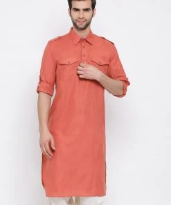 VASTRAMAY Men's Pink Cotton Blend Pathani Style Kurta