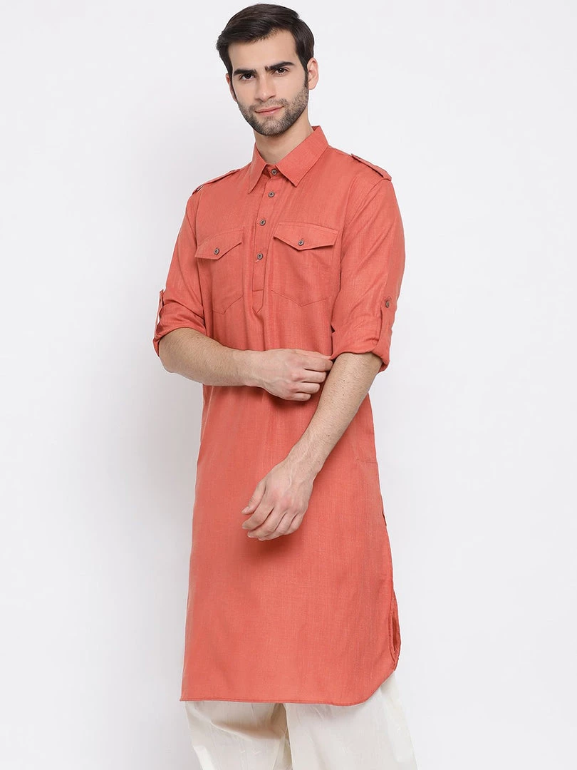VASTRAMAY Men's Pink Cotton Blend Pathani Style Kurta 4 VASTRAMAY Men's Pink Cotton Blend Pathani Style Kurta