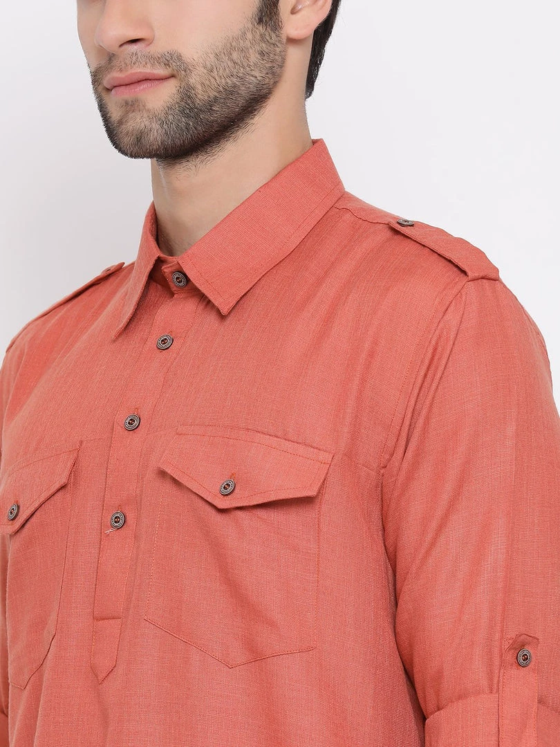 VASTRAMAY Men's Pink Cotton Blend Pathani Style Kurta 5 VASTRAMAY Men's Pink Cotton Blend Pathani Style Kurta