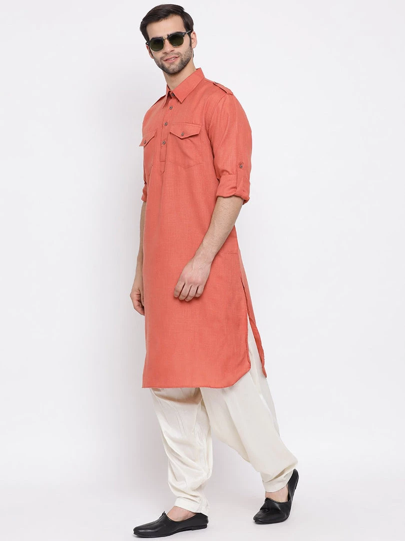 VASTRAMAY Men's Pink Cotton Blend Pathani Style Kurta 7 VASTRAMAY Men's Pink Cotton Blend Pathani Style Kurta
