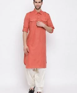 Vastramay Men's Pink Cotton Blend Pathani Suit Set