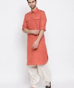 Vastramay Men's Pink Cotton Blend Pathani Suit Set