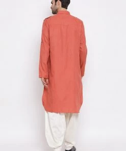 Vastramay Men's Pink Cotton Blend Pathani Suit Set
