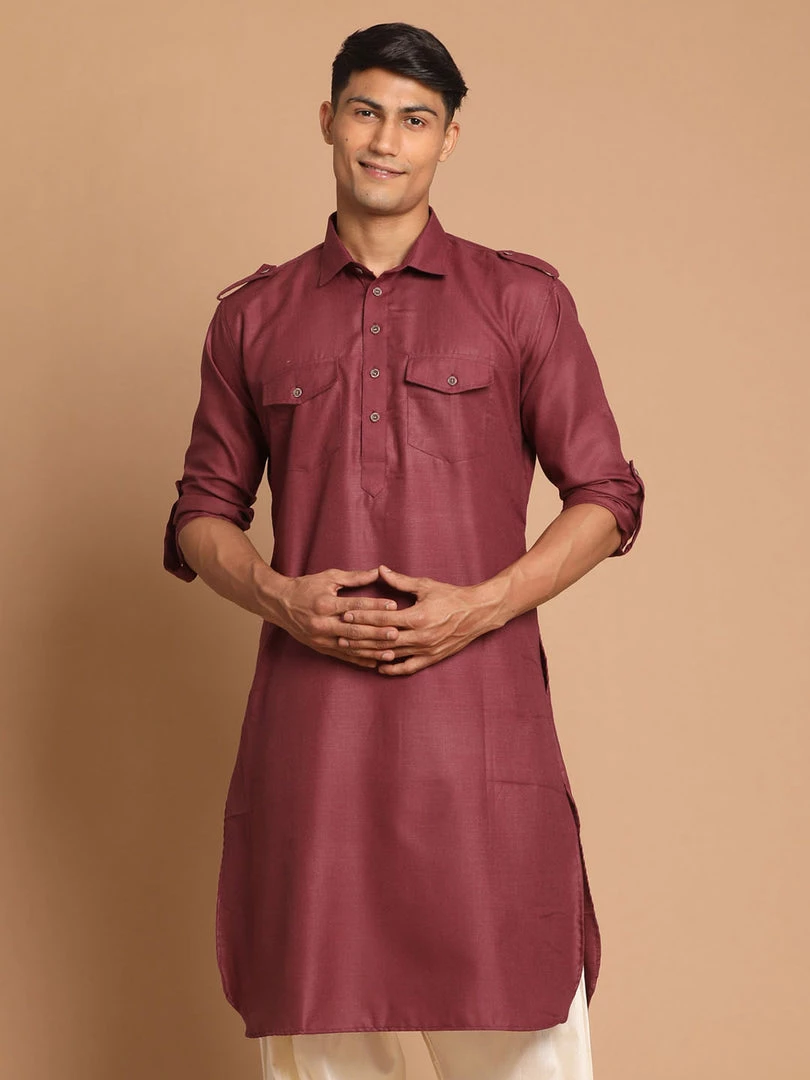 VASTRAMAY Men's Purple Cotton Blend Pathani Style Kurta 3 VASTRAMAY Men's Purple Cotton Blend Pathani Style Kurta