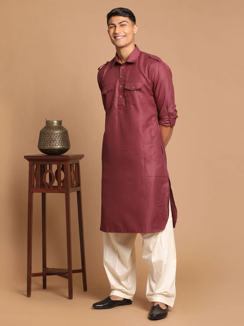 VASTRAMAY Men's Purple Cotton Blend Pathani Style Kurta 7 VASTRAMAY Men's Purple Cotton Blend Pathani Style Kurta