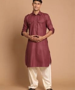 VASTRAMAY Men's Purple & Off White Pathani Kurta With Salwar Set