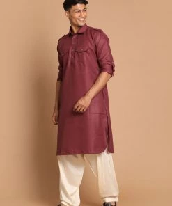 VASTRAMAY Men's Purple & Off White Pathani Kurta With Salwar Set