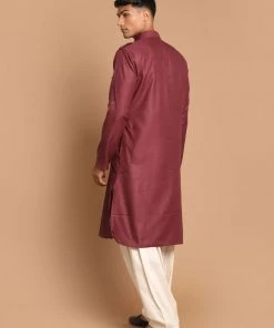 VASTRAMAY Men's Purple & Off White Pathani Kurta With Salwar Set