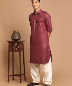 VASTRAMAY Men's Purple & Off White Pathani Kurta With Salwar Set