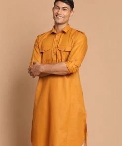 VASTRAMAY Men's Rust Coloured Pathani Cotton Blend Kurta