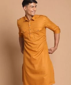 VASTRAMAY Men's Rust Coloured Pathani Cotton Blend Kurta