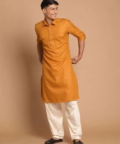 VASTRAMAY Rust Brown & Cream-Coloured Pathani Kurta With Patiala