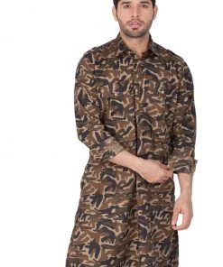 Vastramay Men's Green Camouflage Cotton Pathani Kurta