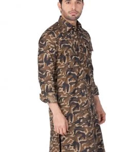 Vastramay Men's Green Camouflage Cotton Pathani Kurta