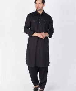 Vastramay Men's Black Cotton Pathani Suit Set