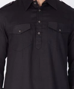 Vastramay Men's Black Cotton Pathani Suit Set