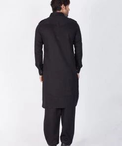 Vastramay Men's Black Cotton Pathani Suit Set