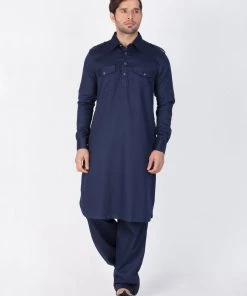 Vastramay Men's Blue Cotton Pathani Suit Set