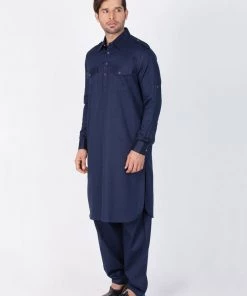 Vastramay Men's Blue Cotton Pathani Suit Set