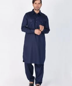 Vastramay Men's Blue Cotton Pathani Suit Set