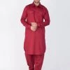 Vastramay Men's Maroon Cotton Pathani Suit Set