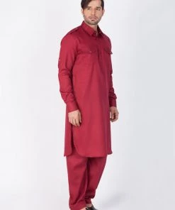 Vastramay Men's Maroon Cotton Pathani Suit Set