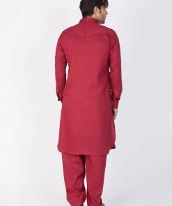 Vastramay Men's Maroon Cotton Pathani Suit Set