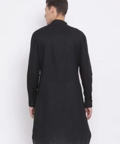 Vastramay Men's Black Cotton Linen Blend Kurta