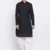 Vastramay Men's Black Cotton Linen Blend Pathani Kurta And White Dhoti Set