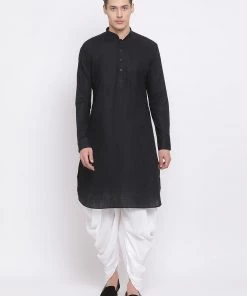 Vastramay Men's Black Cotton Linen Blend Pathani Kurta And White Dhoti Set